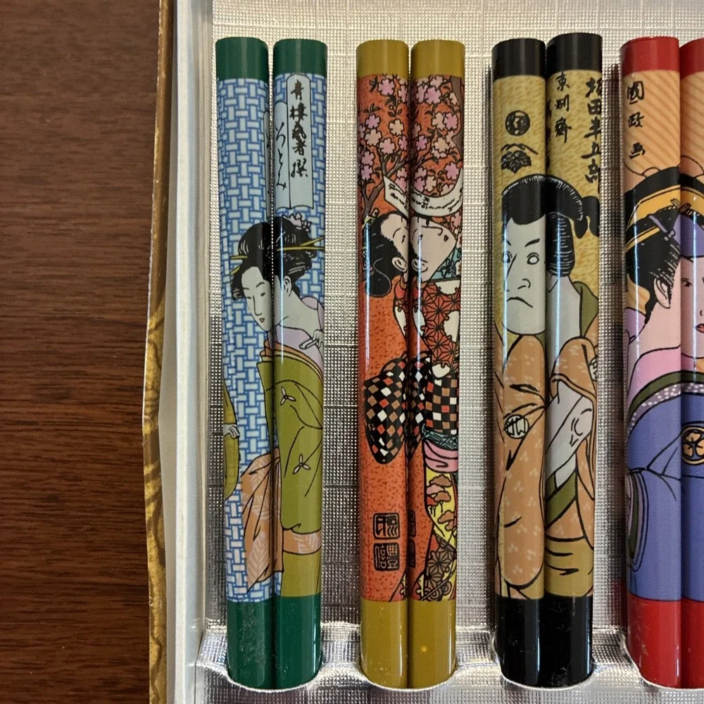 Set Of 5 Pairs Japanese Lacquered Wooden Chopsticks Geisha Girls In Box 9